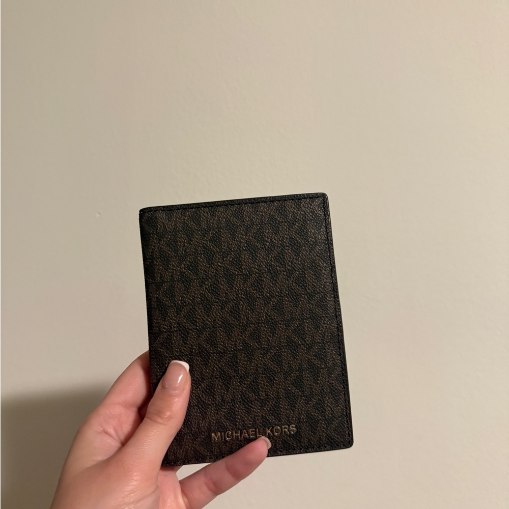 Michael Kors Brown MK Logo Passport/Card Holder with Gold Logo